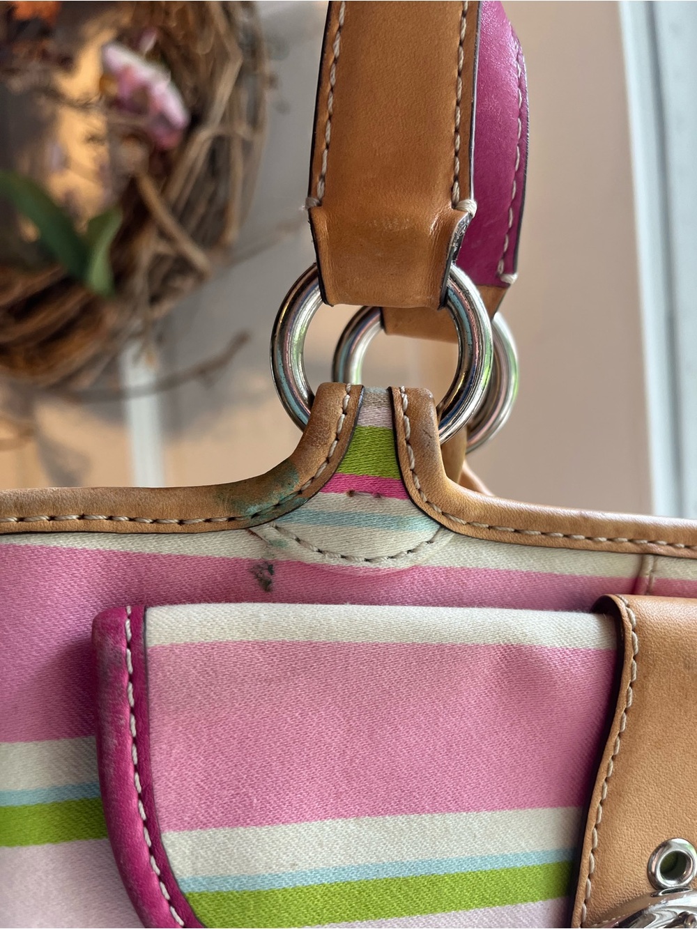 Coach Pink, Cream & Green Striped Soho Shoulder Bag with Tan Trim - Picture 5 of 8